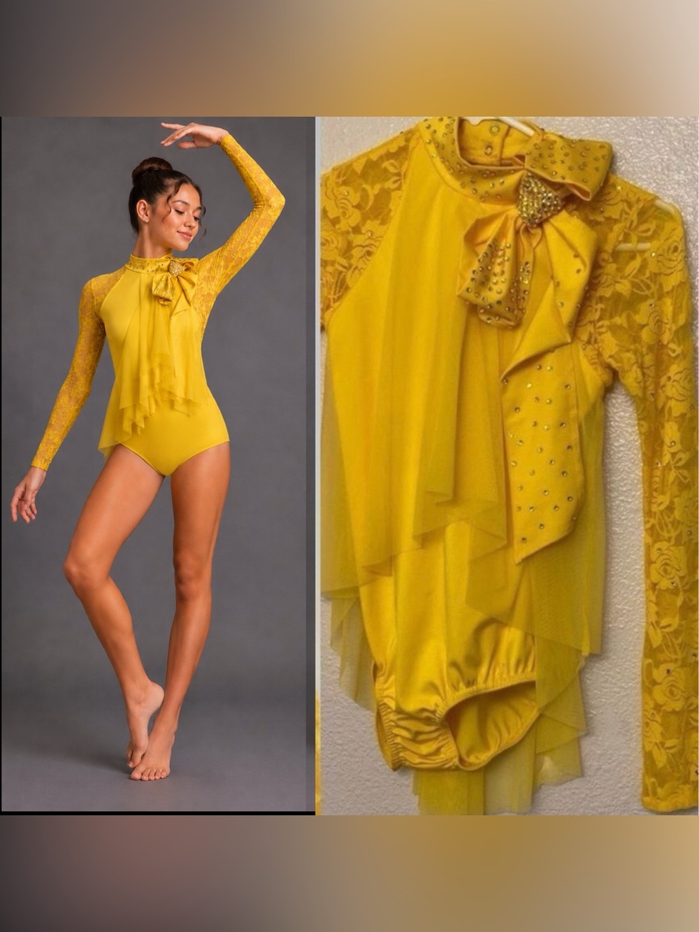 Rare Kelle Yellow Lace Dance Costume LC Custom Rhinestoned Jazz Lyrical Solo